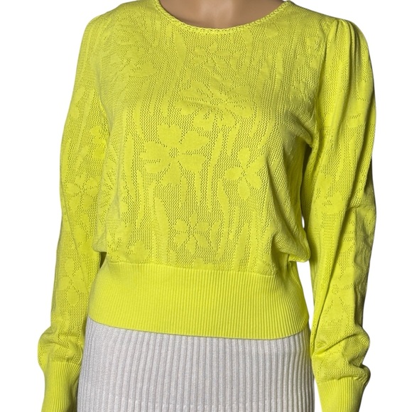 Banjanan Sweaters - Banjanan Chartreuse Floral Jacquard Knit Sweater Cotton Blend Size M